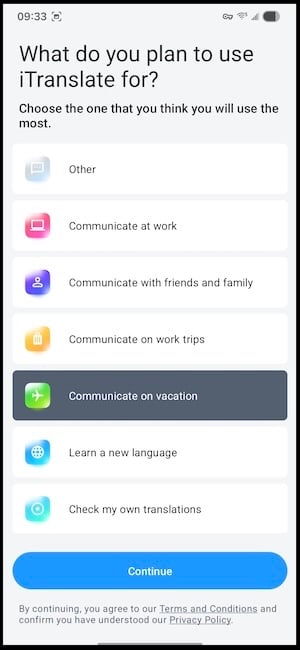 iTranslate app showing the premium feature set including camera and voice translation