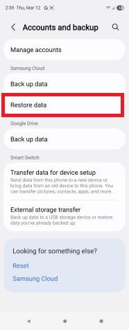 Samsung Settings menu showing Accounts and backup option
