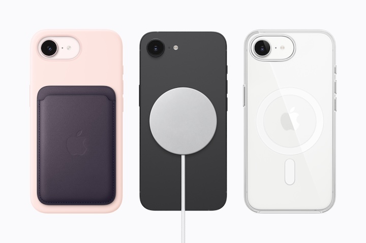 Three iPhone 17e phones using MagSafe accessories.
