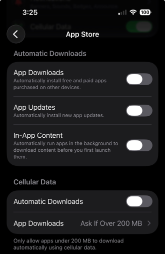 Turning off automatic downloads on iPhone.