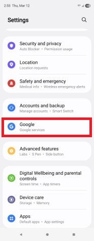 Google backup settings screen on Samsung Galaxy Z Fold 5
