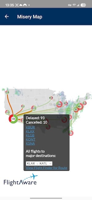 Screenshot of the FlightAware Misery Map showing U.S. airport delays