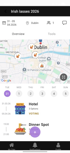 Flowtrip map view showing limited restaurant and hotel suggestions