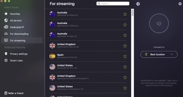CyberGhost VPN desktop showing streaming servers