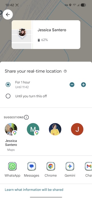 Google Maps screen for choosing how long to share your location