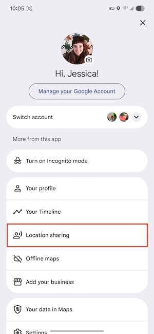 Google Maps profile screen showing the location sharing tab