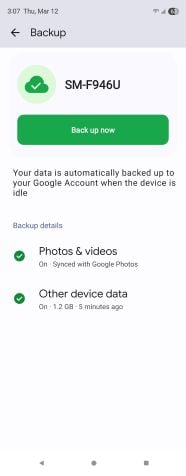 Google backup confirmation screen showing backup is active