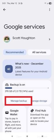 Android Settings menu showing path to Google backup options