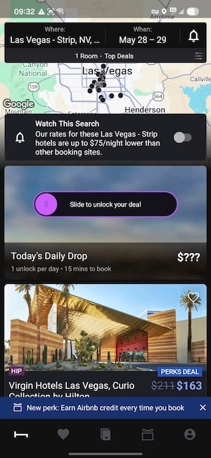 Hotel Tonight Daily Drop feature on the home screen showing a discounted hotel rate with a countdown timer to book