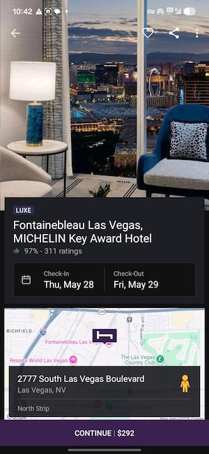 Hotel Tonight listing for Fontainebleau Las Vegas showing nightly rate of $292