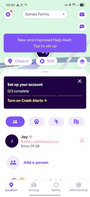 Life360 home screen map showing real-time locations and battery levels of group members