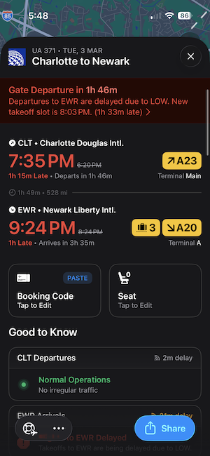 Flighty departure delay alert showing predicted delay time ahead of official airline notification