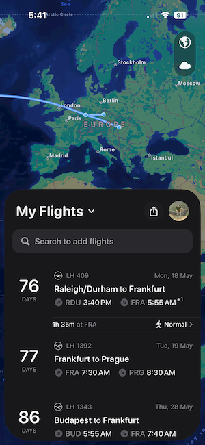Flighty app My Flights dashboard showing upcoming departures and arrival times