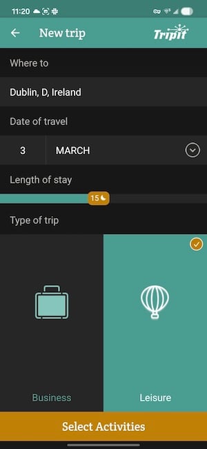 PackPoint plan start screen for setting up a new trip