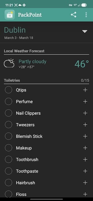 PackPoint generated packing list customized by activity type and destination weather forecast