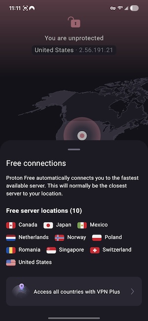Proton VPN free plan on mobile
