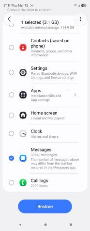 Samsung restore data screen with Messages selected and ready to restore