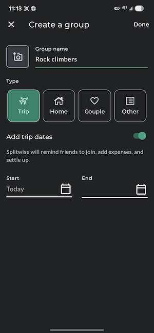Splitwise create group screen