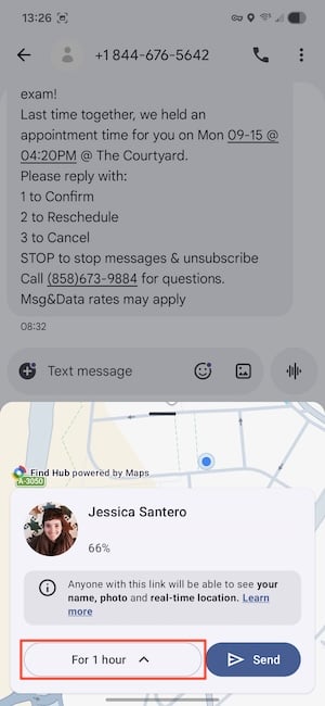 Tapping the duration dropdown in Google Messages location sharing