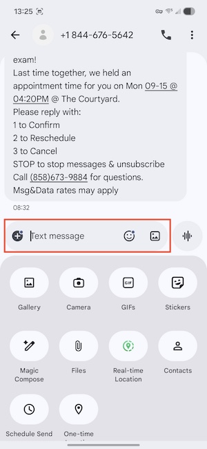 Tapping the plus icon in Google Messages to open the attachments menu