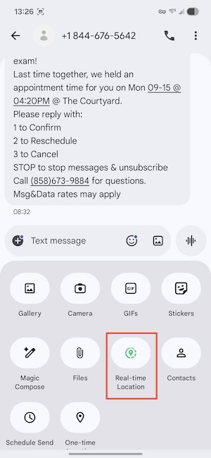 Selecting Real-time location from the Google Messages attachments menu