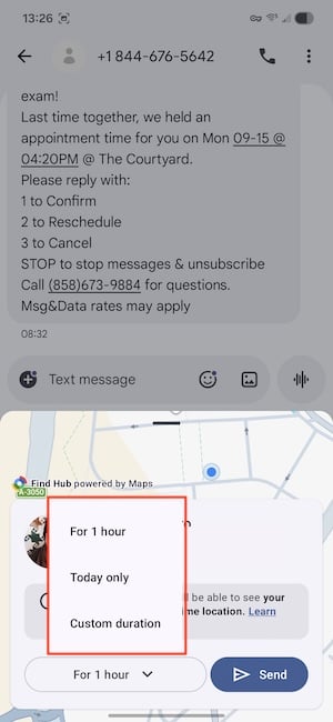 Duration options for location sharing in Google Messages including one hour, that day, and custom