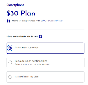 Tracfone new customer selection screen