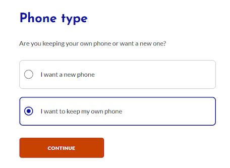 Tracfone screen showing option to keep current device or purchase a new phone