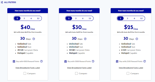 Tracfone plan selection page showing available monthly plans