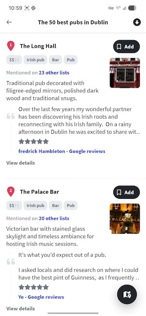 Wanderlog suggested activities screen showing local recommendations with ratings and photos