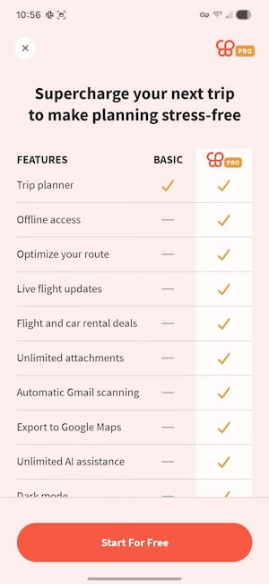 Wanderlog premium pricing screen