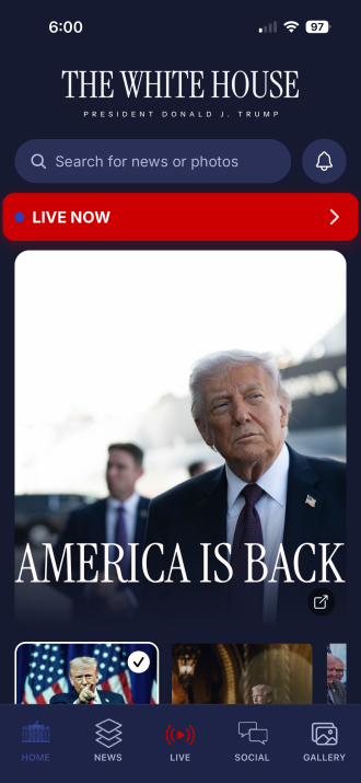 The White House app home screen. 