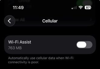 Disabling Wi-Fi Assist on iPhone.