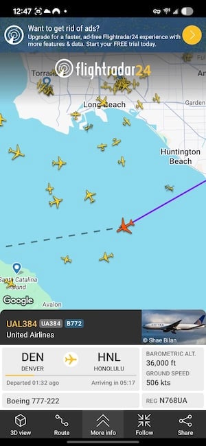 Screenshot of the Flightradar24 app showing a selected plane with live details