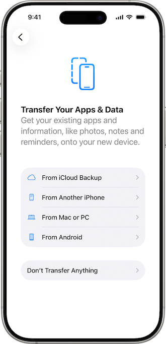 iPhone 16 data transfer setup screen