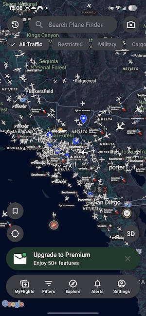 Screenshot of the Plane Finder app showing its general map view with live aircraft positions