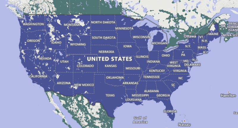 AT&T coverage map showing identical 4G LTE and 5G coverage for prepaid and postpaid customers