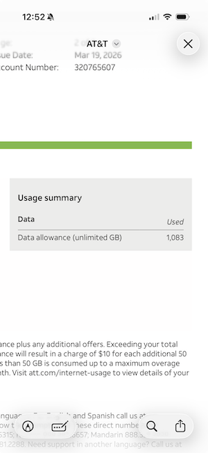 Screenshot of recent internet bill showing data usage of over 1,000GB