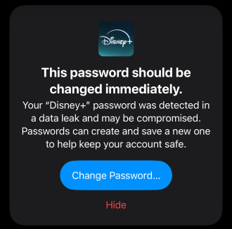 Compromised password alert in the Passwords app