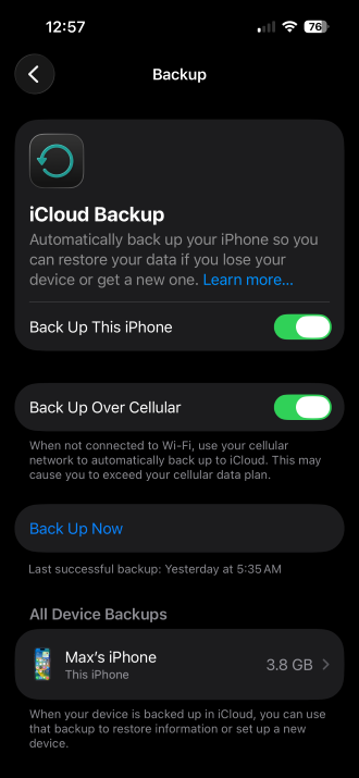 iPhone Settings screen showing iCloud backup enabled