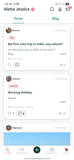 NomadHer buddy finder screen showing other female travelers heading to the same destination