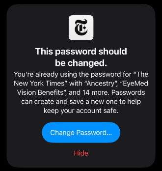 Reused password alert in the Passwords app