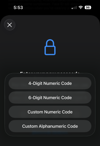 Options for creating a custom passcode in iOS 26.