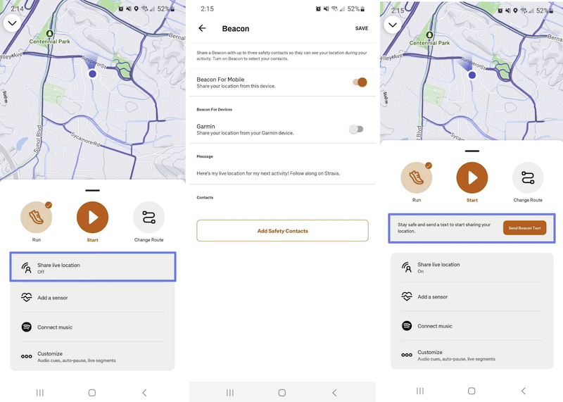 Strava Beacon live location sharing screen showing the share live location toggle and safety contacts