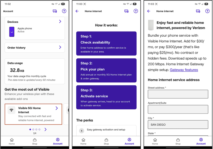 Visible app showing 5G Home Internet in the Account tab