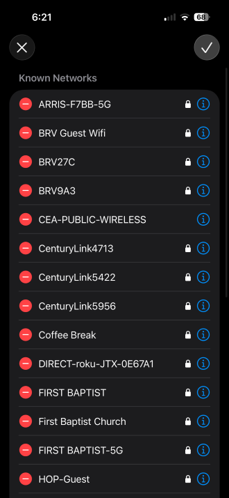 List of saved Wi-Fi networks in iPhone settings on iOS 26