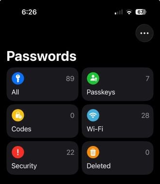 Password categories in the Passwords app on iOS 26