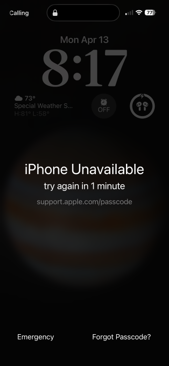 iPhone screen showing lockout message after six incorrect passcode attempts