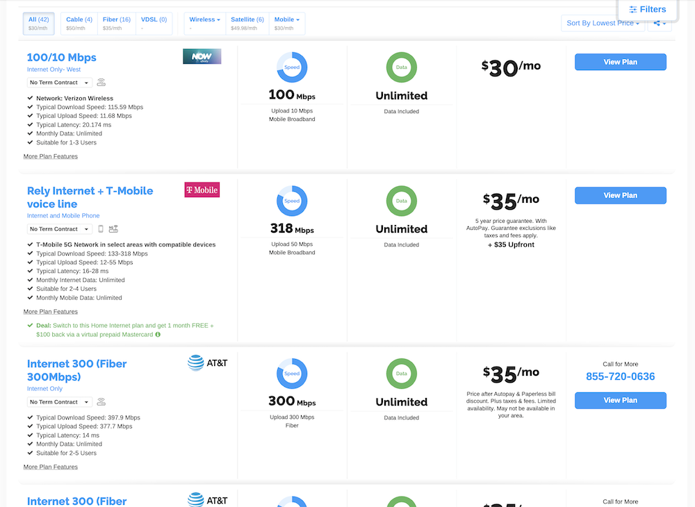 WhistleOut's internet search results page