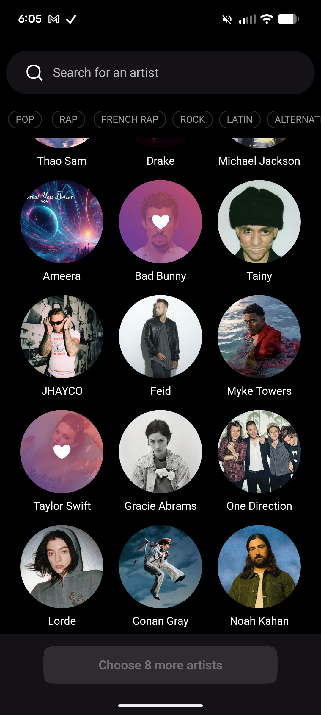 Screenshot of Deezer artist selection screen showing curated recommendations.